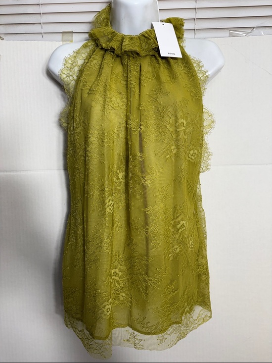 Mango Tops - Mango Olive Green Lace Ruffled Neck Camisole LACE TOP WITH RUFF COLLAR 9104